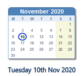 10 November 2020 calendar