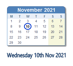 10 November 2021 calendar