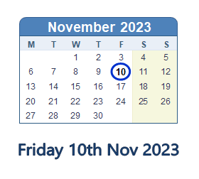 10 November 2023 calendar