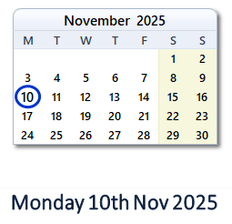 10 November 2025 calendar