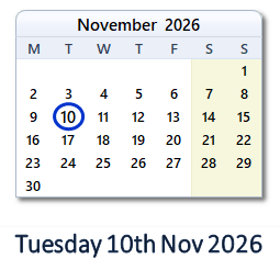 10 November 2026 calendar