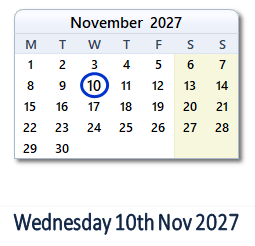 10 November 2027 calendar