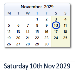 10 November 2029 calendar