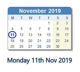 11 November 2019 calendar