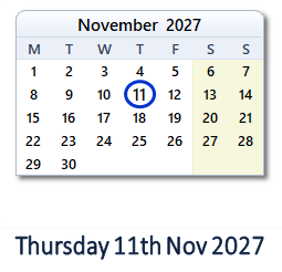 11 November 2027 calendar