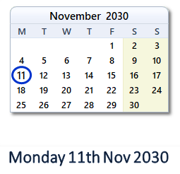 11 November 2030 calendar
