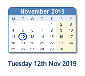 12 November 2019 calendar
