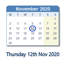 12 November 2020 calendar
