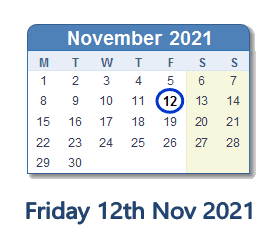 12 November 2021 calendar