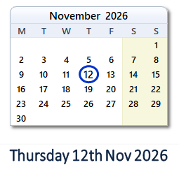 12 November 2026 calendar