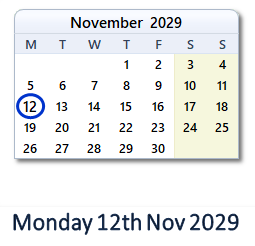 12 November 2029 calendar