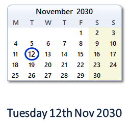 12 November 2030 calendar