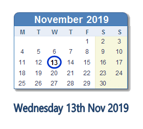 13 November 2019 calendar