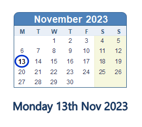 13 November 2023 calendar