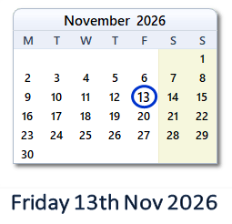 13 November 2026 calendar
