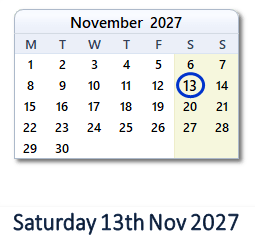 13 November 2027 calendar