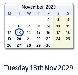 13 November 2029 calendar