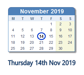 14 November 2019 calendar