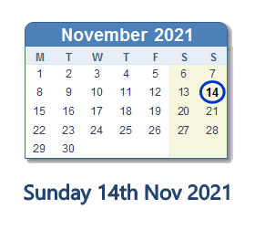 14 November 2021 calendar