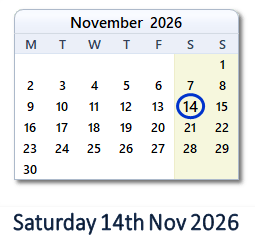 14 November 2026 calendar