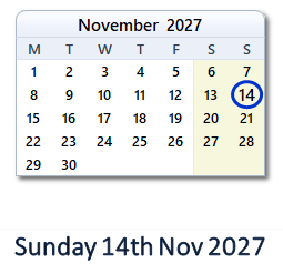 14 November 2027 calendar