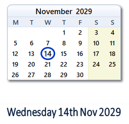 14 November 2029 calendar