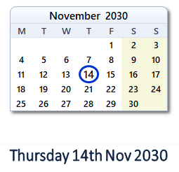 14 November 2030 calendar