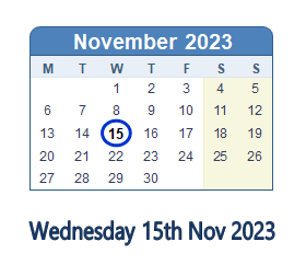 15 November 2023 calendar