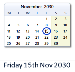 15 November 2030 calendar
