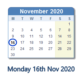 16 November 2020 calendar