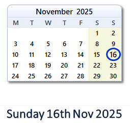 16 November 2025 calendar