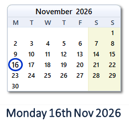 16 November 2026 calendar