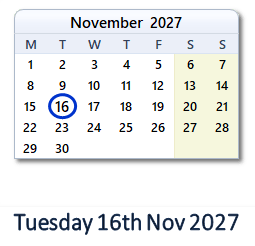 16 November 2027 calendar