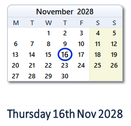 16 November 2028 calendar