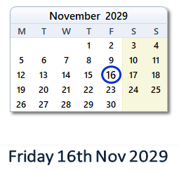 16 November 2029 calendar