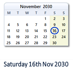 16 November 2030 calendar