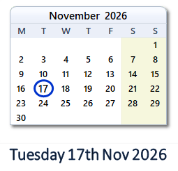 17 November 2026 calendar