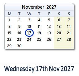 17 November 2027 calendar