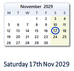 17 November 2029 calendar