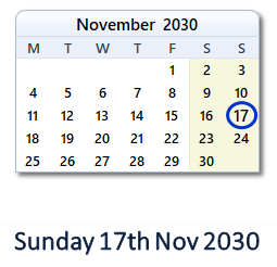 17 November 2030 calendar