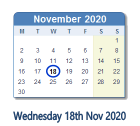 18 November 2020 calendar