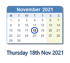 18 November 2021 calendar