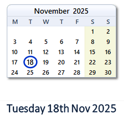 18 November 2025 calendar
