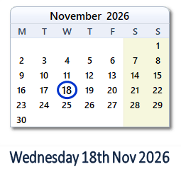 18 November 2026 calendar