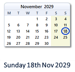 18 November 2029 calendar