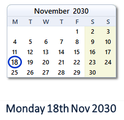 18 November 2030 calendar