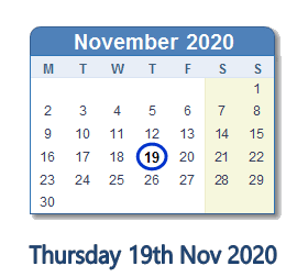 19 November 2020 calendar