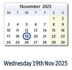 19 November 2025 calendar
