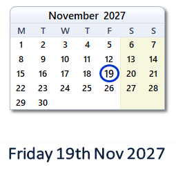 19 November 2027 calendar