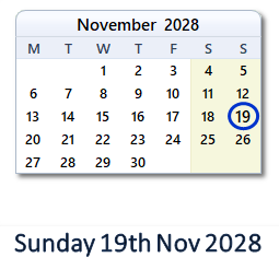 19 November 2028 calendar